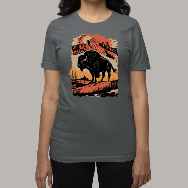 Bison Sunset Silhouette: Women's Western American Patriotic T-Shirt
