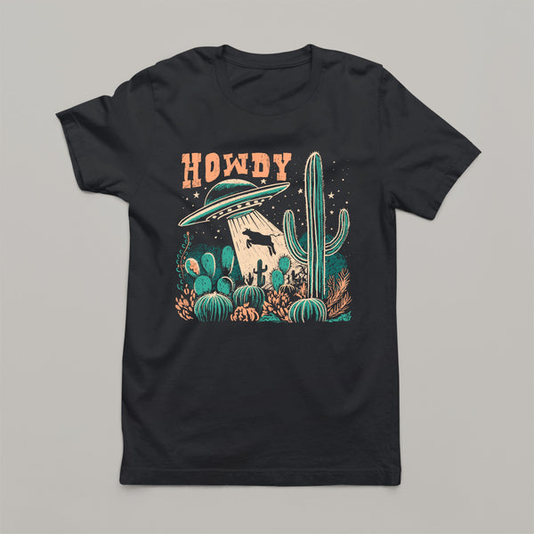 HOWDY, UFO cow abduction: Women's Western Patriotic T-Shirt
