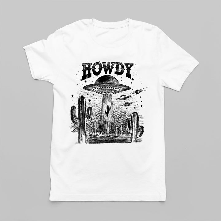 Women's Western T-Shirt - HOWDY UFO & Cactus Design