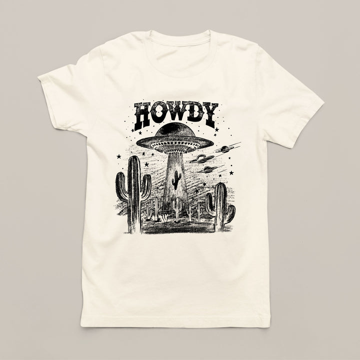 Women's Western T-Shirt - HOWDY UFO & Cactus Design