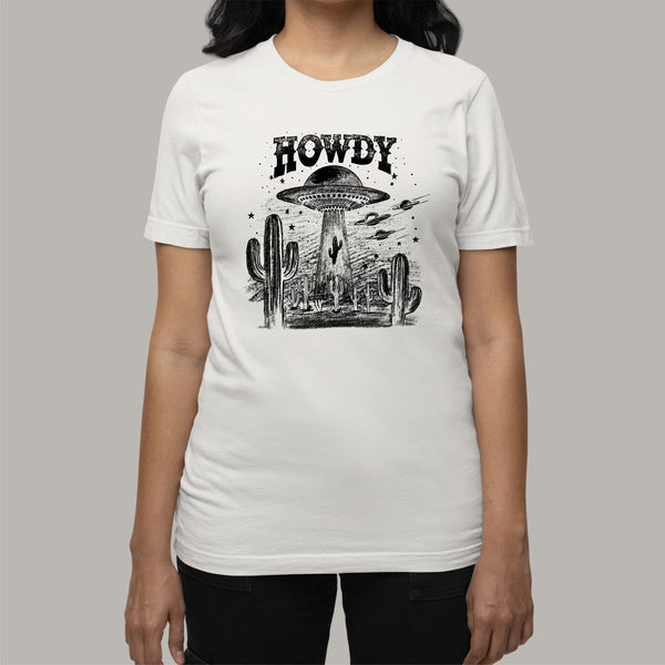 Women's Western T-Shirt - HOWDY UFO & Cactus Design