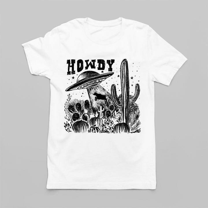 Women's Western T-Shirt - HOWDY UFO & Cow Abduction Design