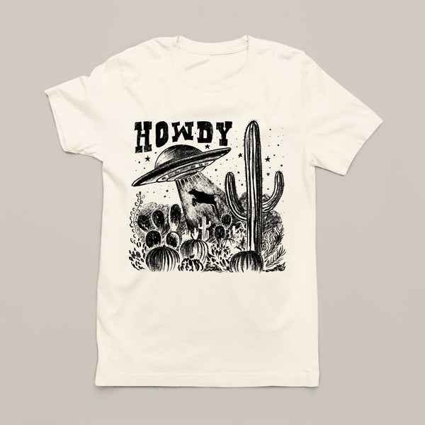 Women's Western T-Shirt - HOWDY UFO & Cow Abduction Design