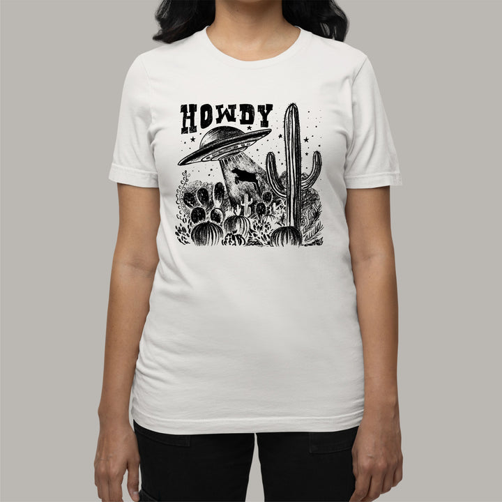 Women's Western T-Shirt - HOWDY UFO & Cow Abduction Design