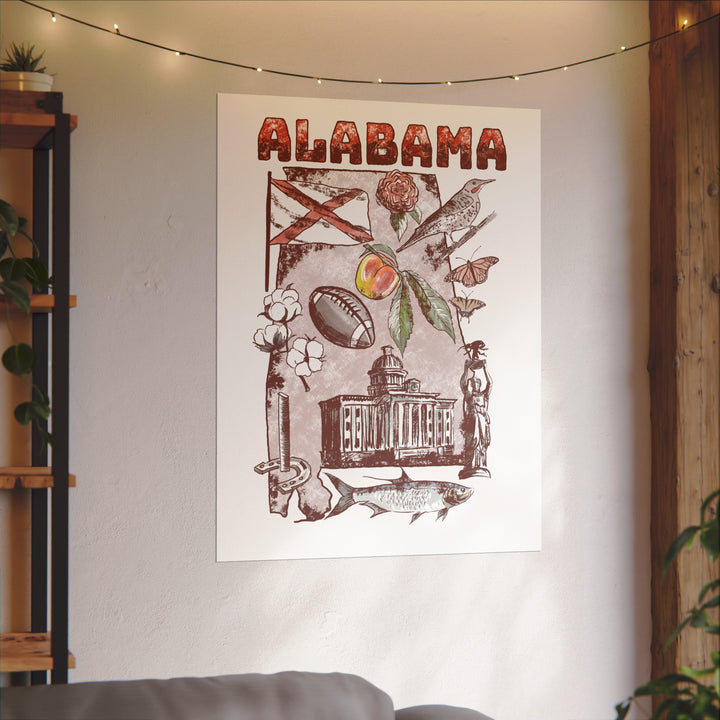 Vintage Alabama Patriotic Textured Watercolor Matte Posters with State Symbols