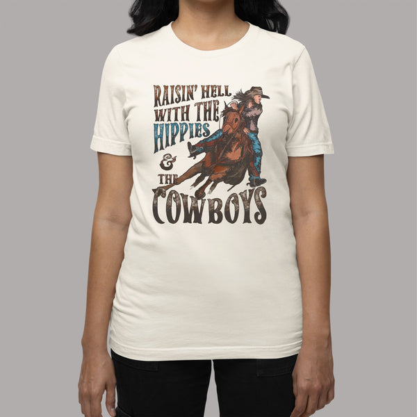 Raisin' Hell with Hippies & Cowboys: Women's Country Western Patriotic T-Shirt