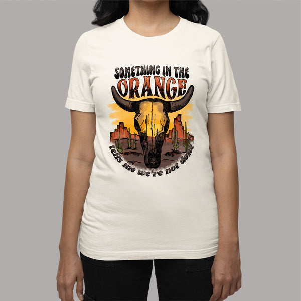 Something in the ORANGE: Women's Country Western Patriotic T-Shirt with Bull Skull