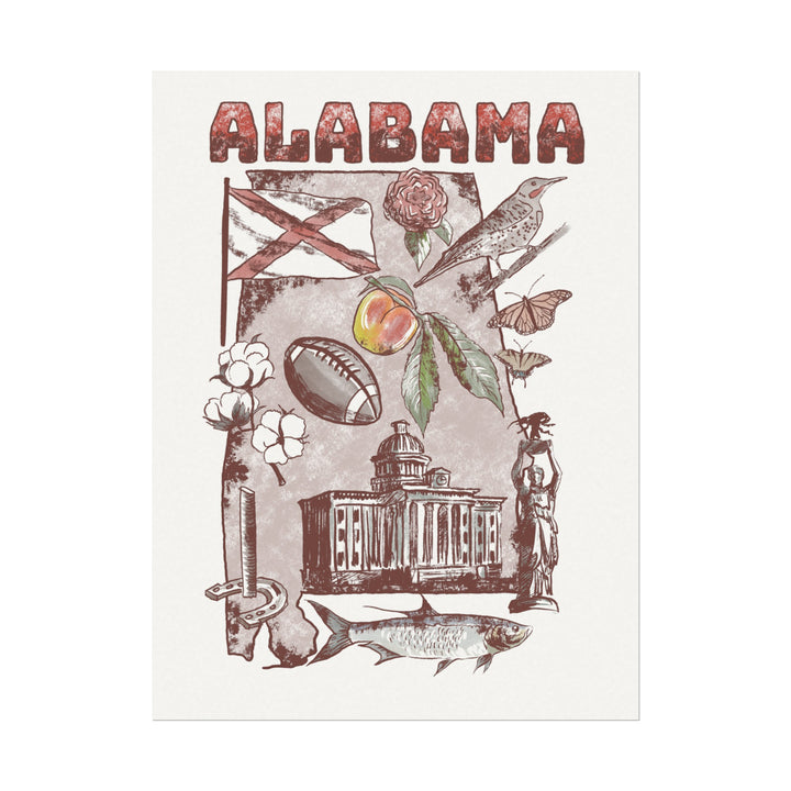 Vintage Alabama Patriotic Textured Watercolor Matte Posters with State Symbols
