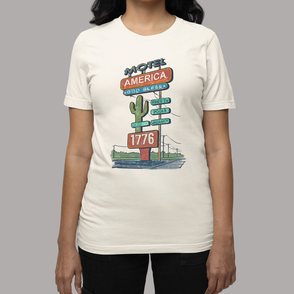 Motel America 1776 Road Sign: Women's Country American Patriotic T-Shirt