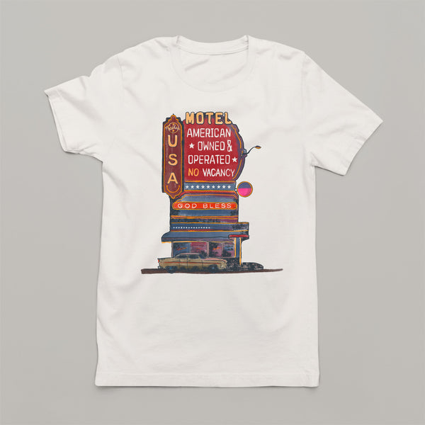 Motel America USA Road Sign: Women's Country American Patriotic T-Shirt