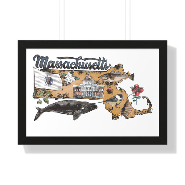 Massachusetts State with State symbols Framed Horizontal Poster
