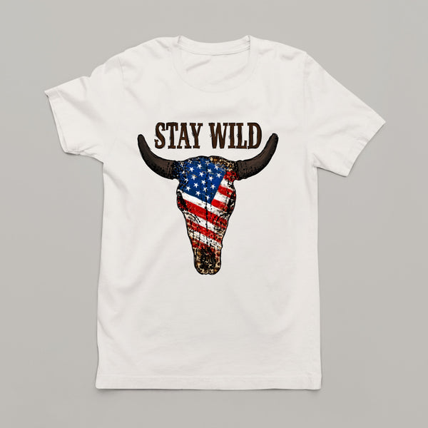 Stay Wild: Women's Western Patriotic T-Shirt with Bull Skull and Leopard Print