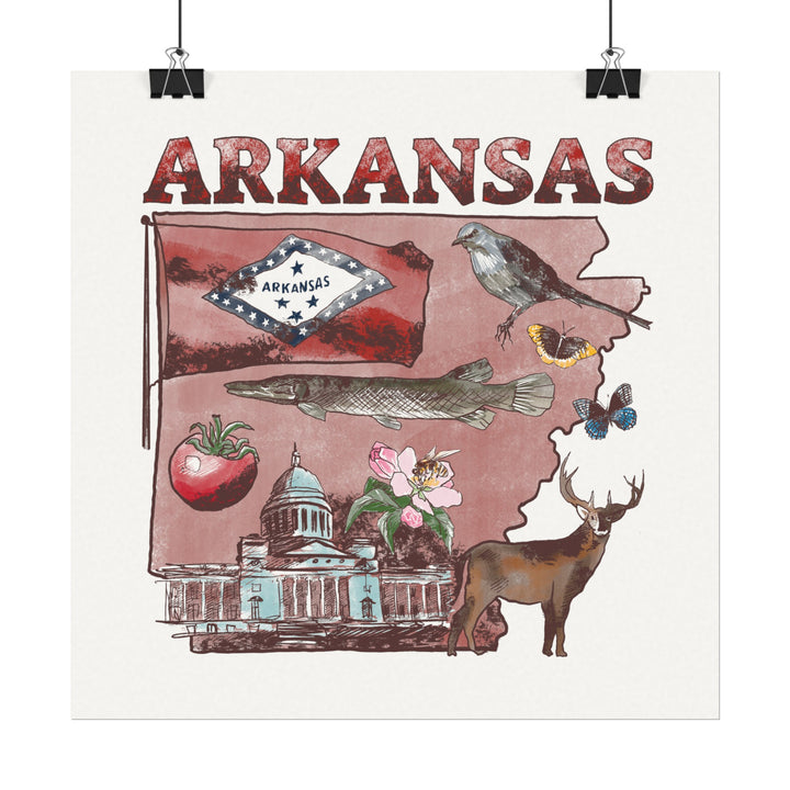 Arkansas Patriotic Textured Watercolor Matte Poster with State Symbols & State Flag