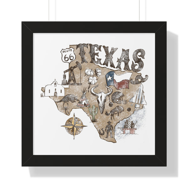 Texas State with State symbols Framed Horizontal Poster