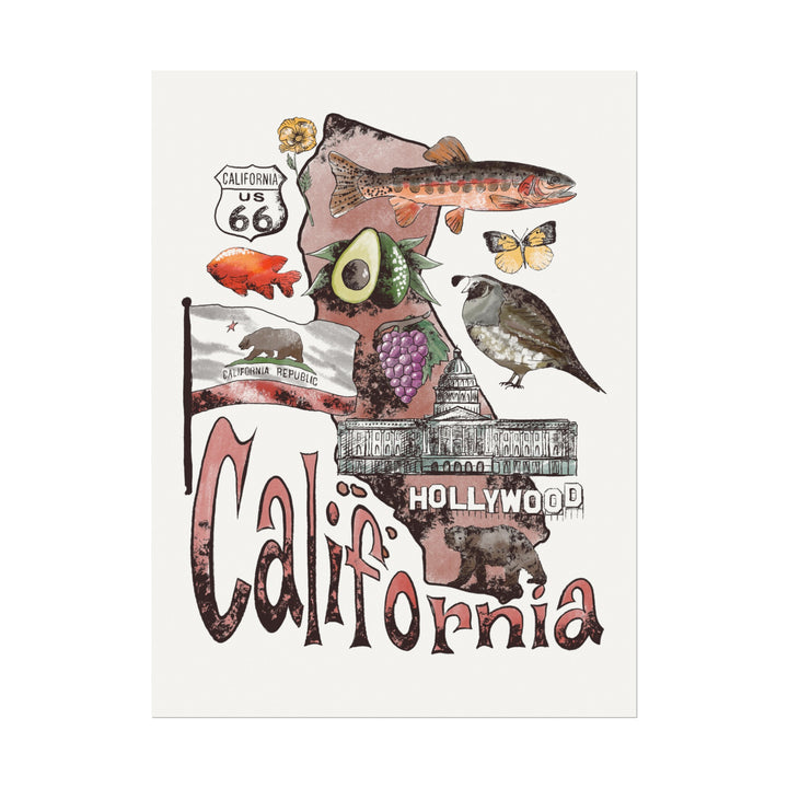 California Patriotic Textured Watercolor Matte Poster with State Symbols