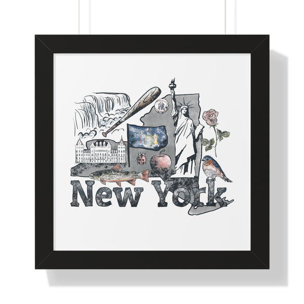 New York State with State symbols Framed Horizontal Poster