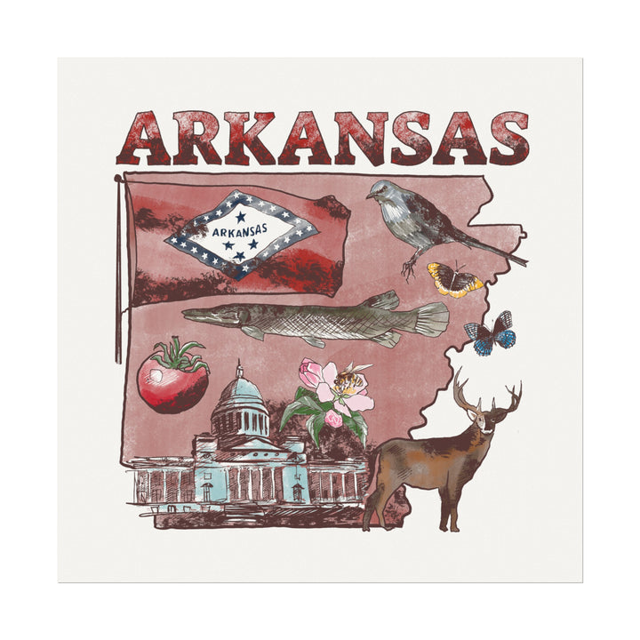 Arkansas Patriotic Textured Watercolor Matte Poster with State Symbols & State Flag
