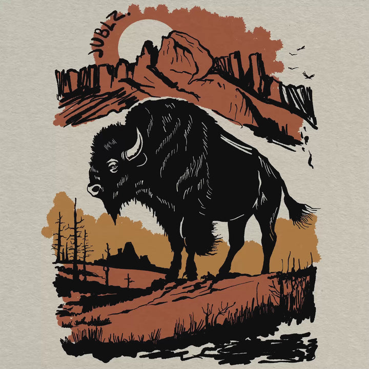 Bison Sunset Silhouette: Women's Western American Patriotic T-Shirt